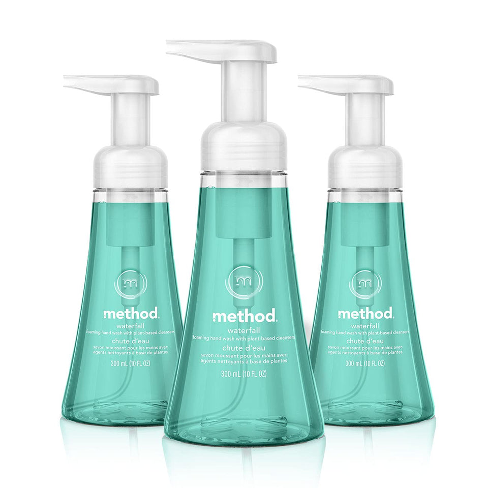 Method front packaging showing three Waterfall bottles and clear label, highlights convenience
