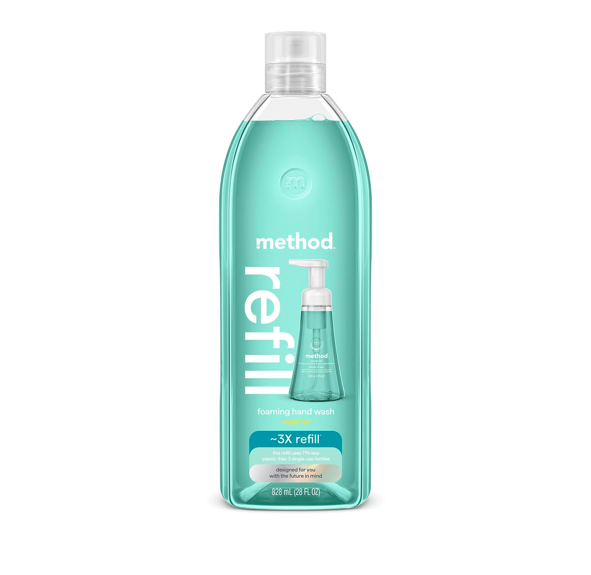 Method Waterfall front packaging showing 28 oz tub and clear product name for easy refill use