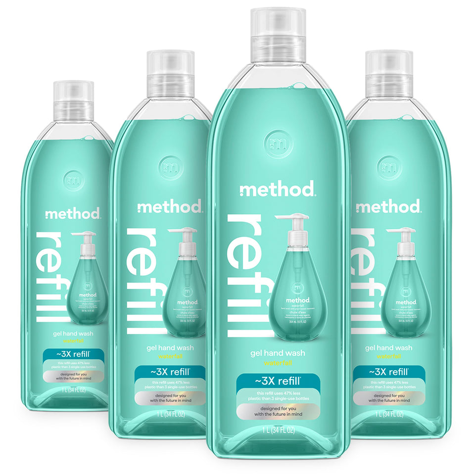 Method Waterfall front packaging shows 34 oz recyclable refill and eco message