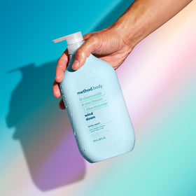 Method in shower setting showing relaxed routine and soothing fragrance benefit