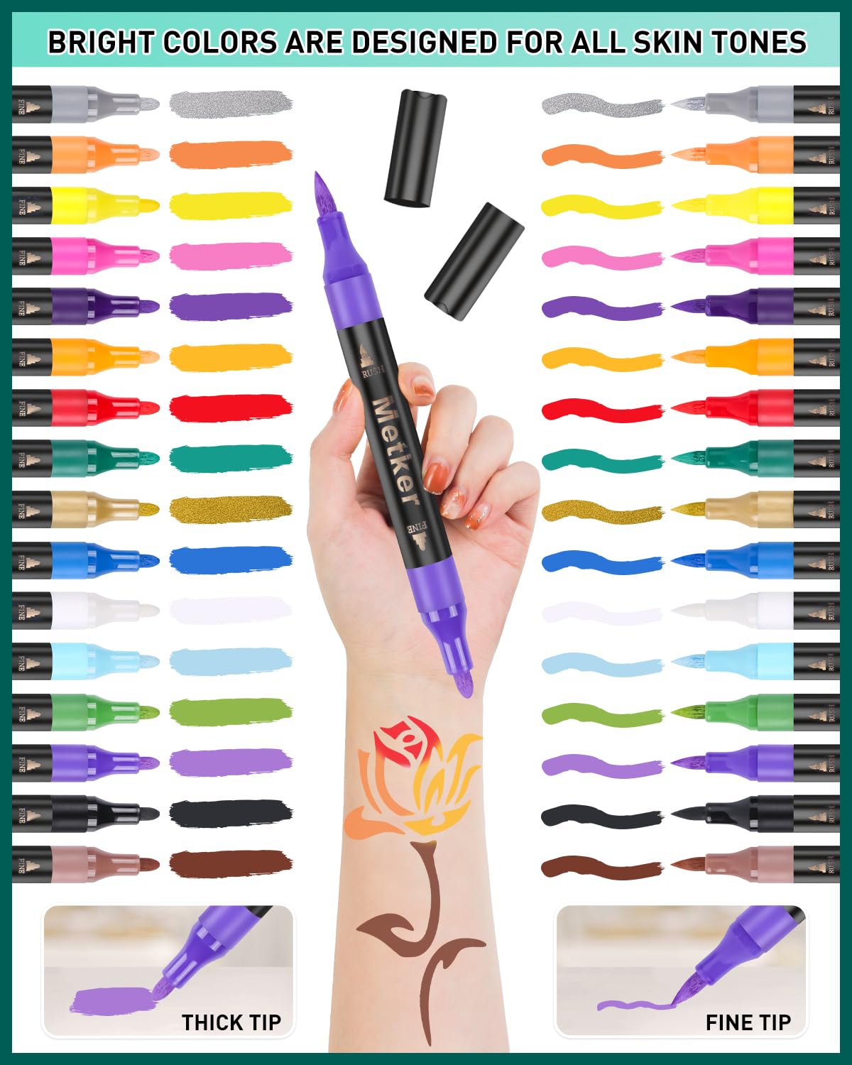 Metker 16-color range laid flat, vibrant pigments for layered designs