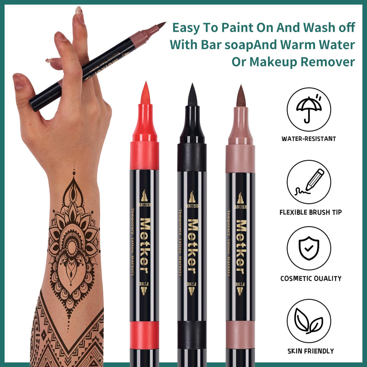 Metker dual-end brush tip close-up, flexible tip enables thin or thick lines