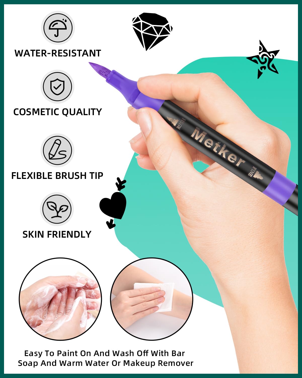 Metker marker drawing a floral arm design, quick precise application benefit