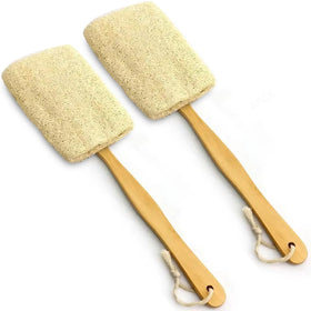METLUCK front view showing two loofah brushes and wooden handles for easy reach