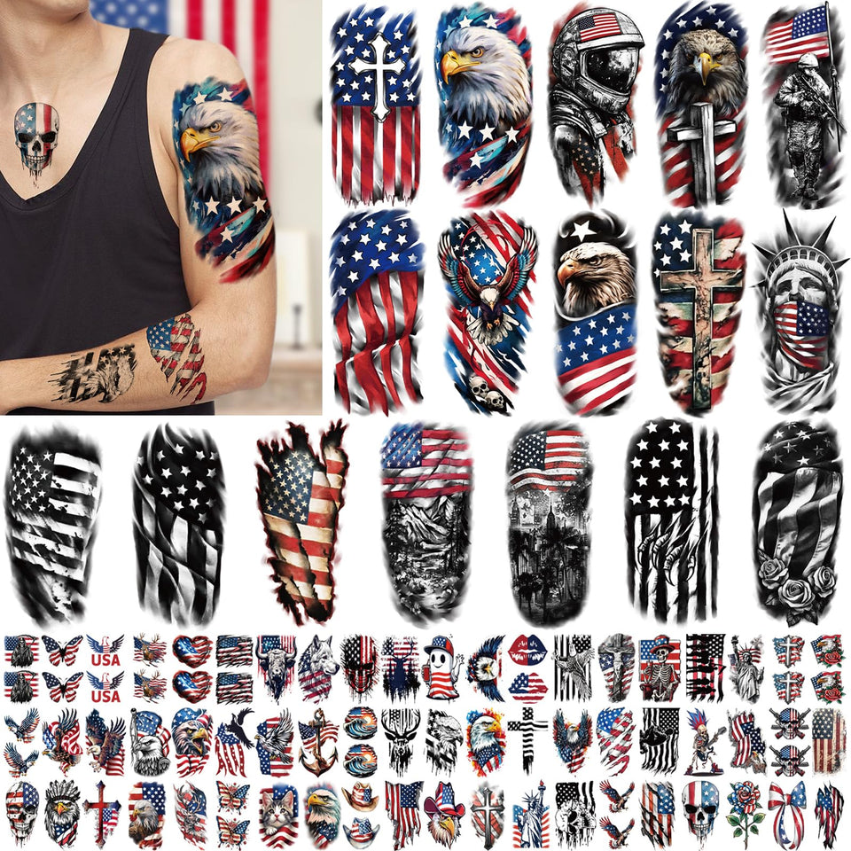 Metuu front packaging showing 77 patriotic tattoo designs and pack benefits
