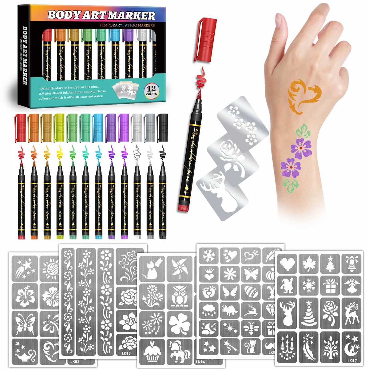 Metuu front packaging showing markers and stencil kit, great for gifting