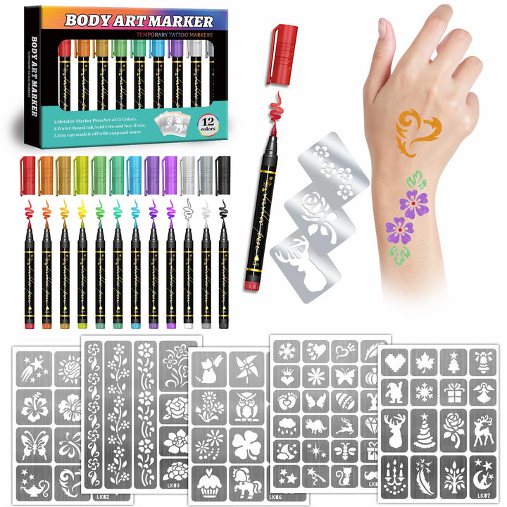 Metuu front packaging showing markers and stencil kit, great for gifting