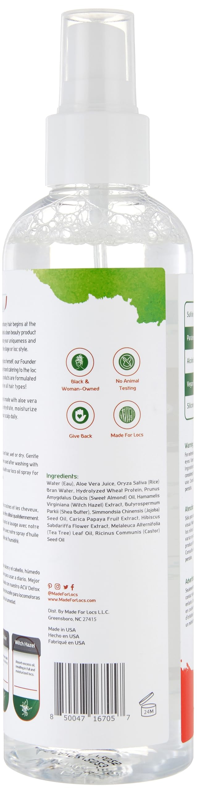 MFL MADE FOR LOCS bottle label detail highlighting vegan ingredients and clarity