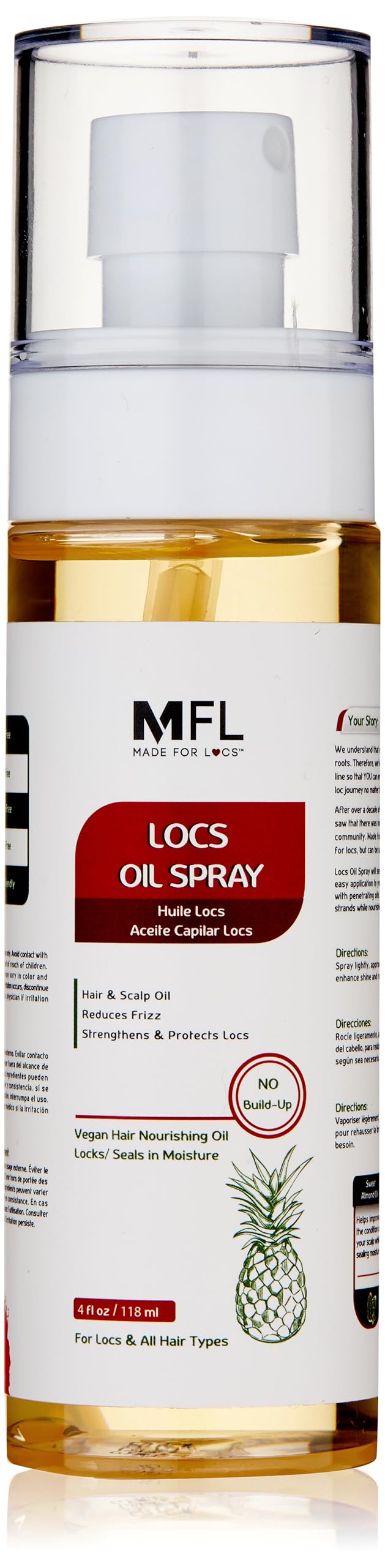 MFL MADE FOR LOCS front spray bottle showing vegan oil spray benefits