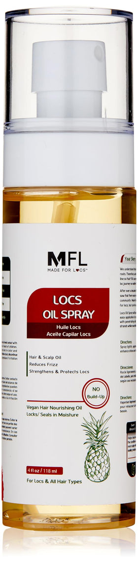 MFL MADE FOR LOCS front spray bottle showing vegan oil spray benefits