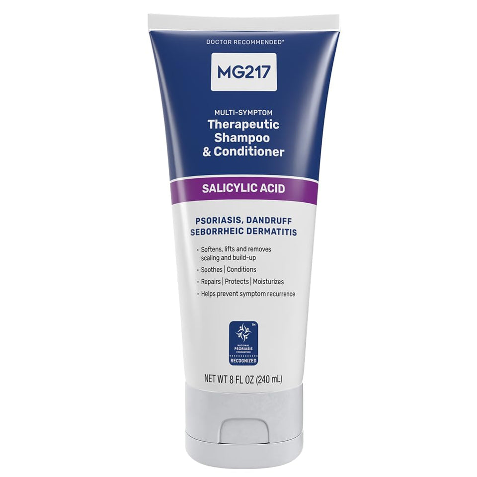 MG217 front tube showing label and 8 fl oz size, highlights therapeutic use