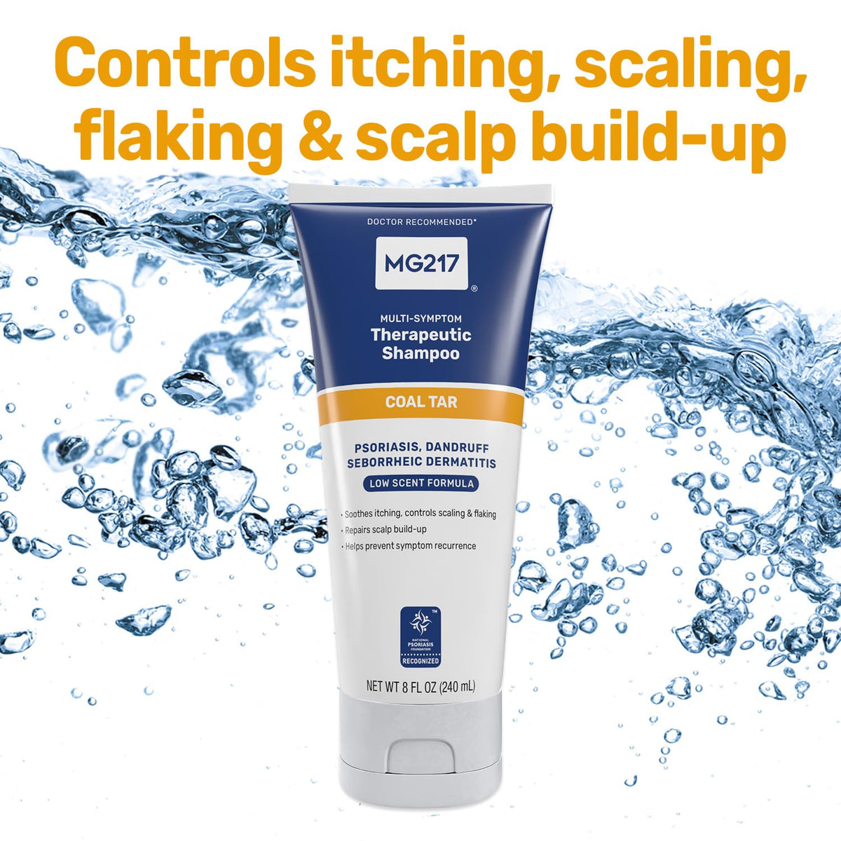 MG217 label close-up highlighting .5% coal tar active ingredient benefit