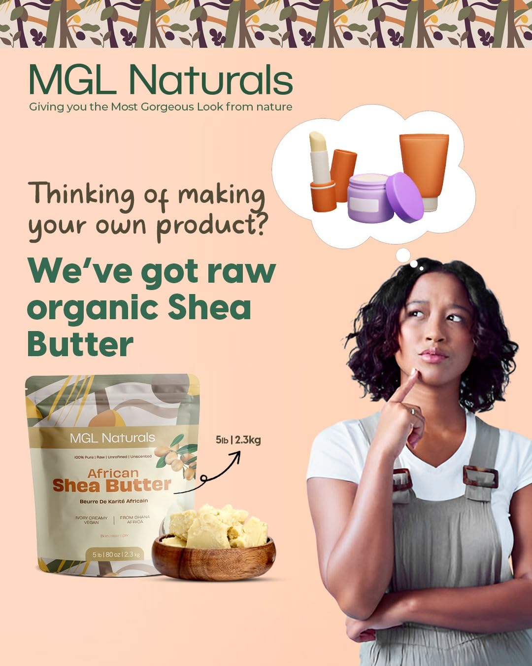 MGL Naturals whipped shea butter in bowl showing DIY-ready consistency benefit