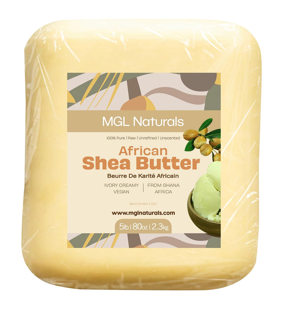 MGL Naturals bottle front view showing 5 lb packaging and pure shea butter benefits