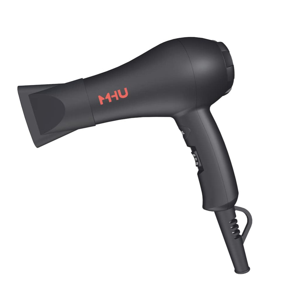 MHD mini travel hair dryer front view shows compact design and easy handling