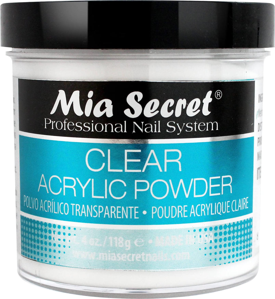 Mia Secret clear acrylic powder jar front view showing professional packaging and quality