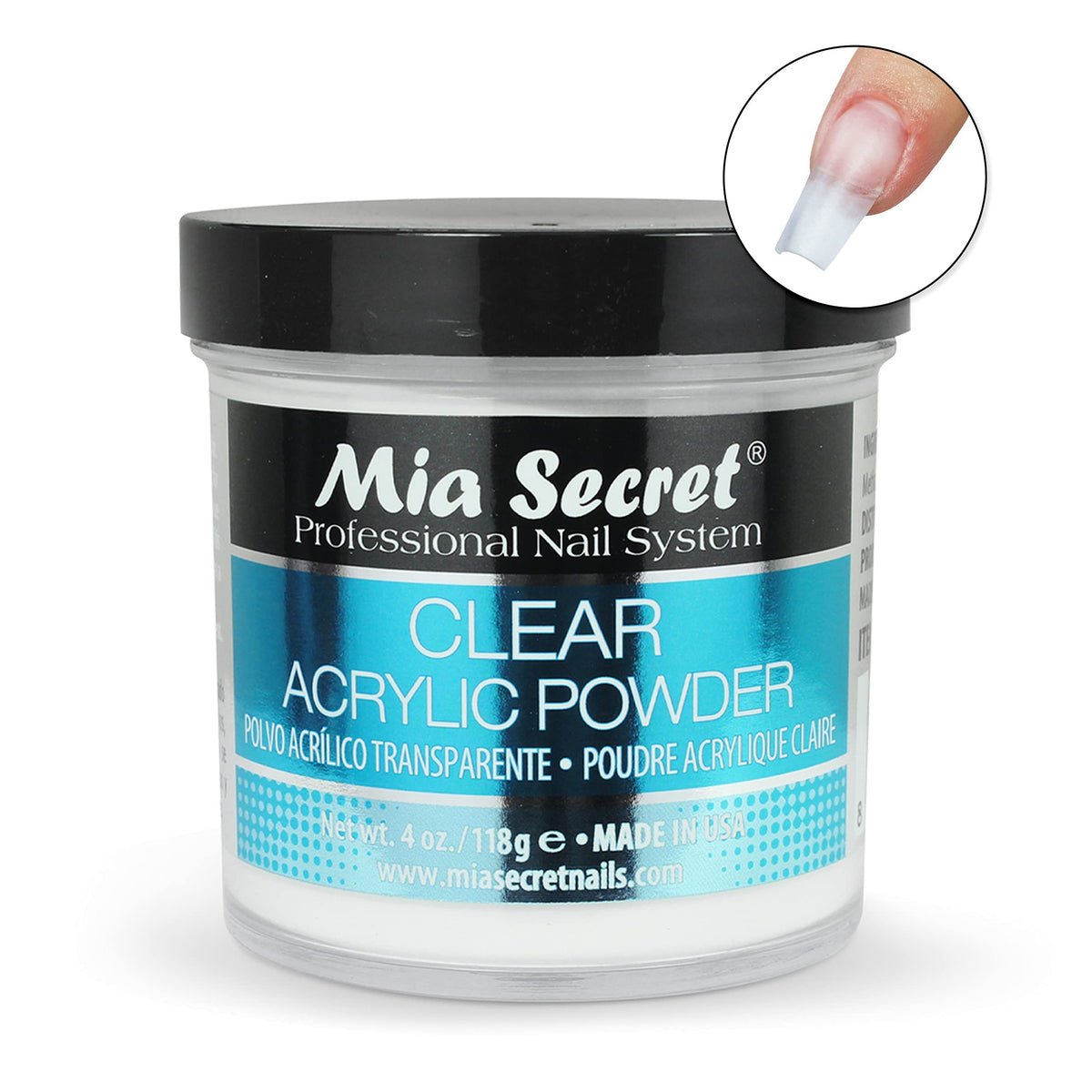 Mia Secret clear acrylic powder open jar close-up showing smooth powder texture benefit