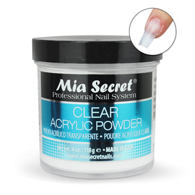 Mia Secret clear acrylic powder open jar close-up showing smooth powder texture benefit