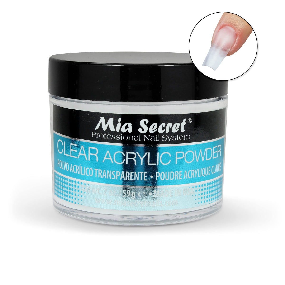 Mia Secret open jar showing fine clear powder texture for smooth application