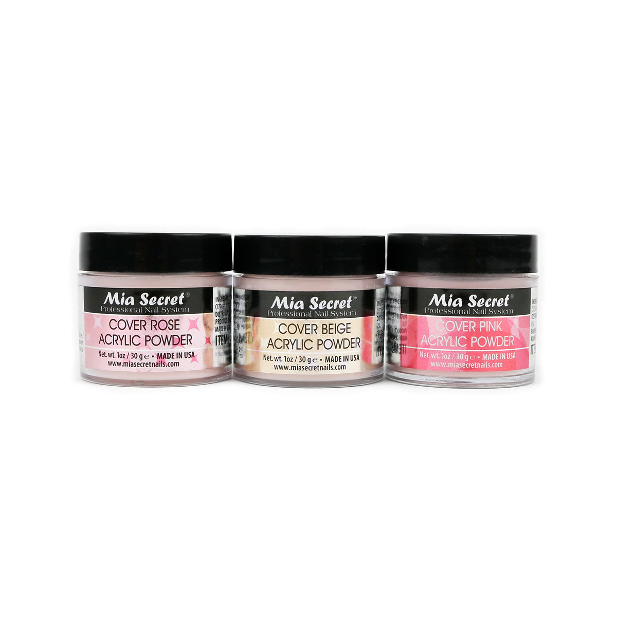 Mia Secret front packaging showing three 1 oz pots and clear labels for shade selection and convenience