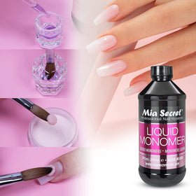 Mia Secret monomer on salon table with tools for professional results