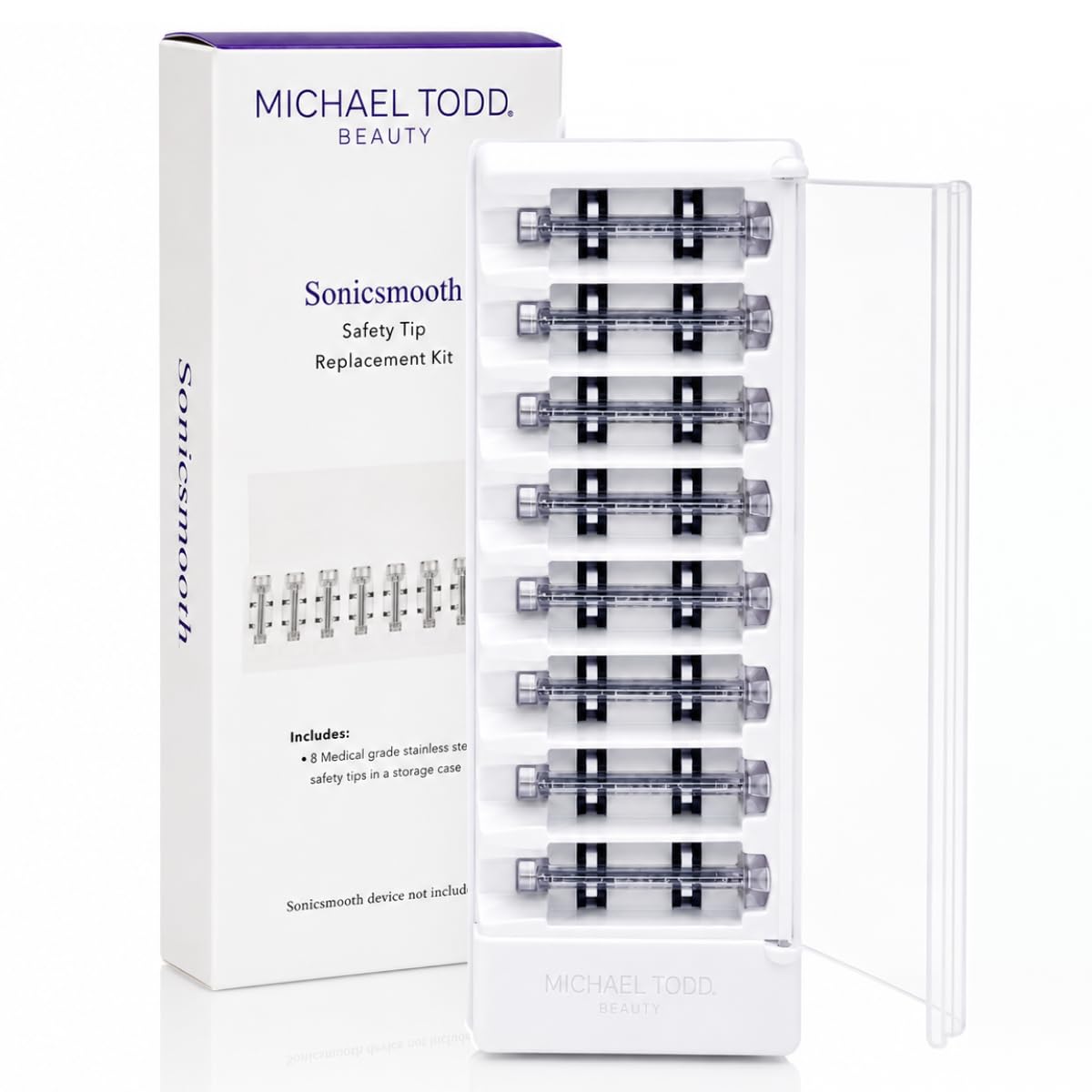 MICHAEL TODD front packaging showing eight replacement safety tips for convenience