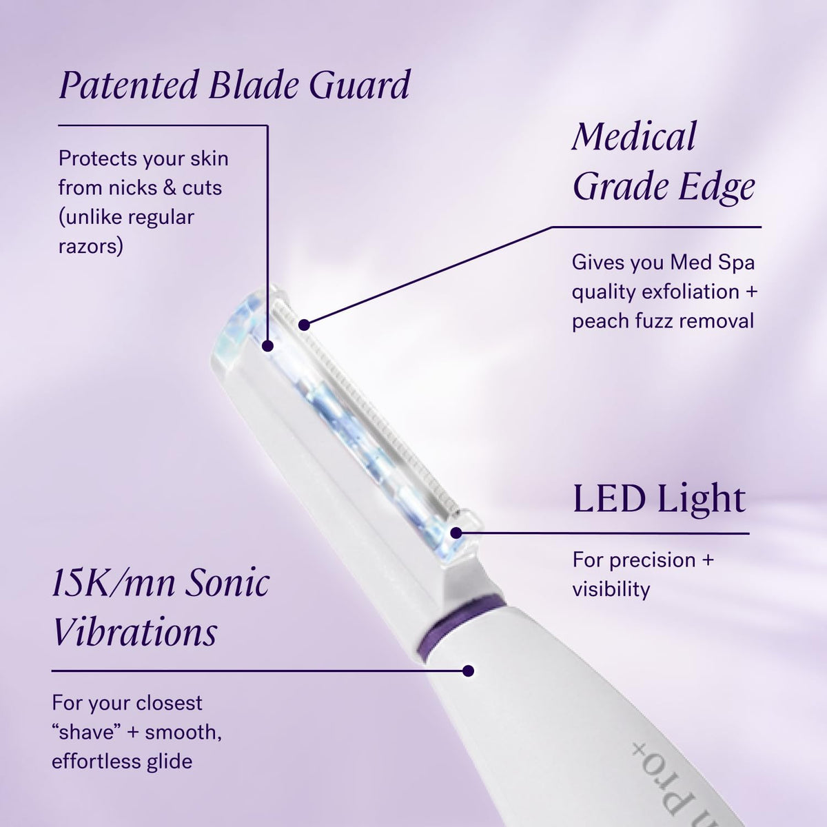 MICHAEL TODD device shown gliding on cheek illustrating painless peach fuzz removal benefit