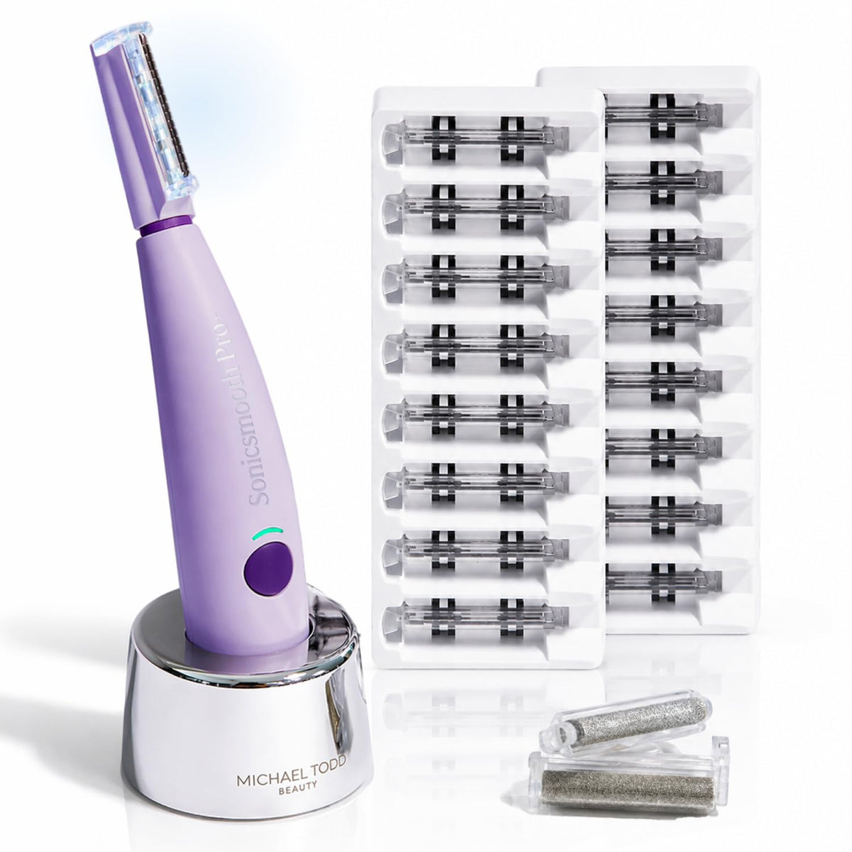 MICHAEL TODD front view of Sonicsmooth Pro+ shows sleek device and benefits