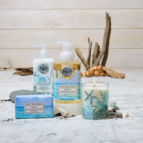 Michel Design Works foam texture in hand showing rich lather and moisturizing feel with shea and aloe