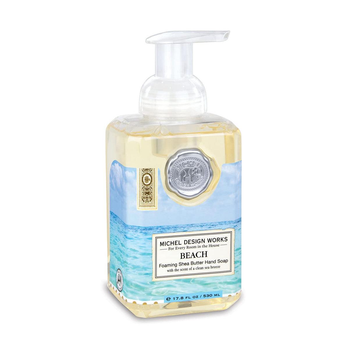 Michel Design Works front packaging showing Beach foaming soap and elegant medallion for stylish display
