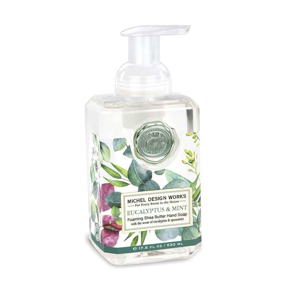Michel Design Works front packaging showing elegant square dispenser and medallion benefits counter decor