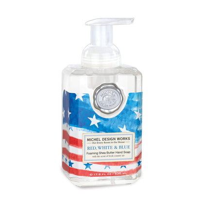 Michel Design Works front view of red white and blue foaming soap, elegant display benefit