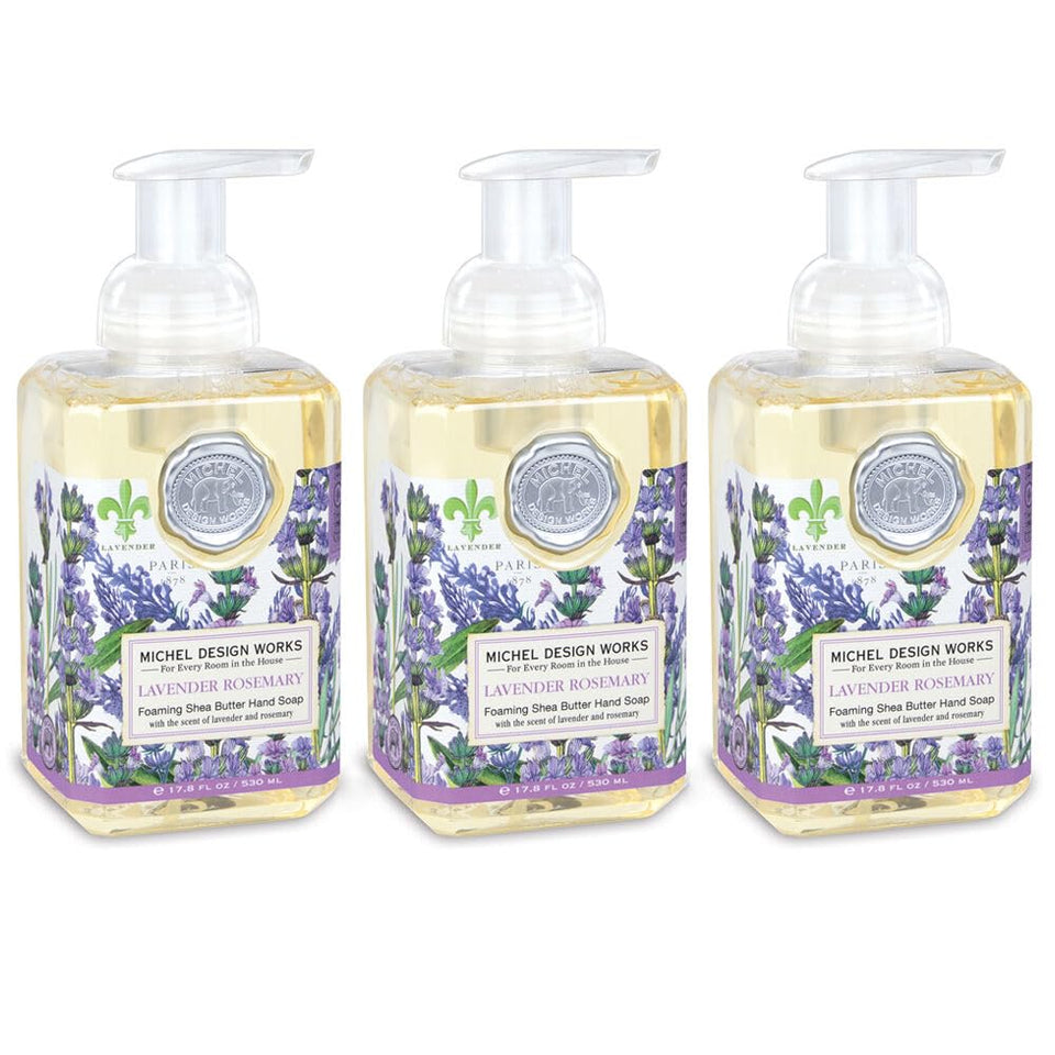 Michel Design Works front packaging showing three elegant dispensers and fragrance benefit