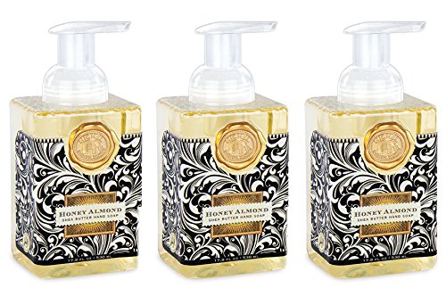 Michel Design Works front view dispenser showing elegant square bottle and honey almond scent benefit