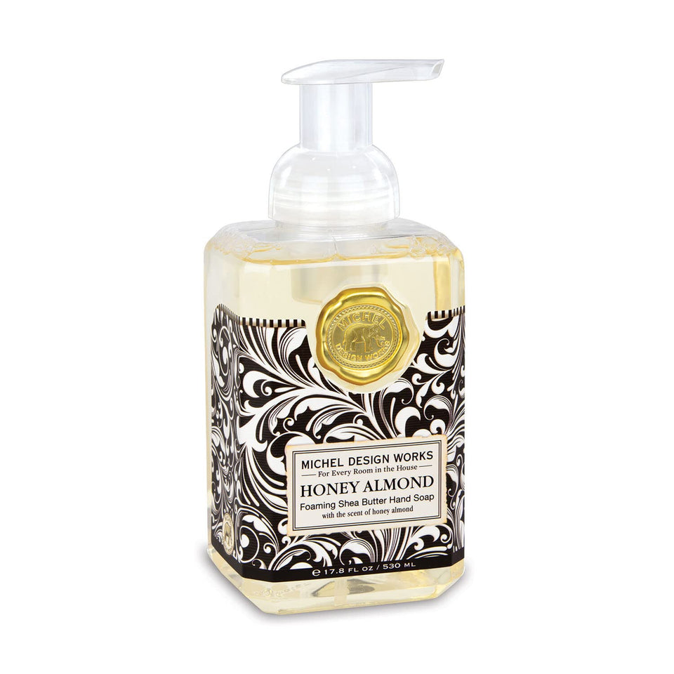 Michel Design Works front packaging square dispenser showing label and medallion, stylish countertop appeal