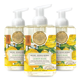 Michel Design Works front-view of lemon basil foaming soap bottle shows elegant packaging and curb appeal