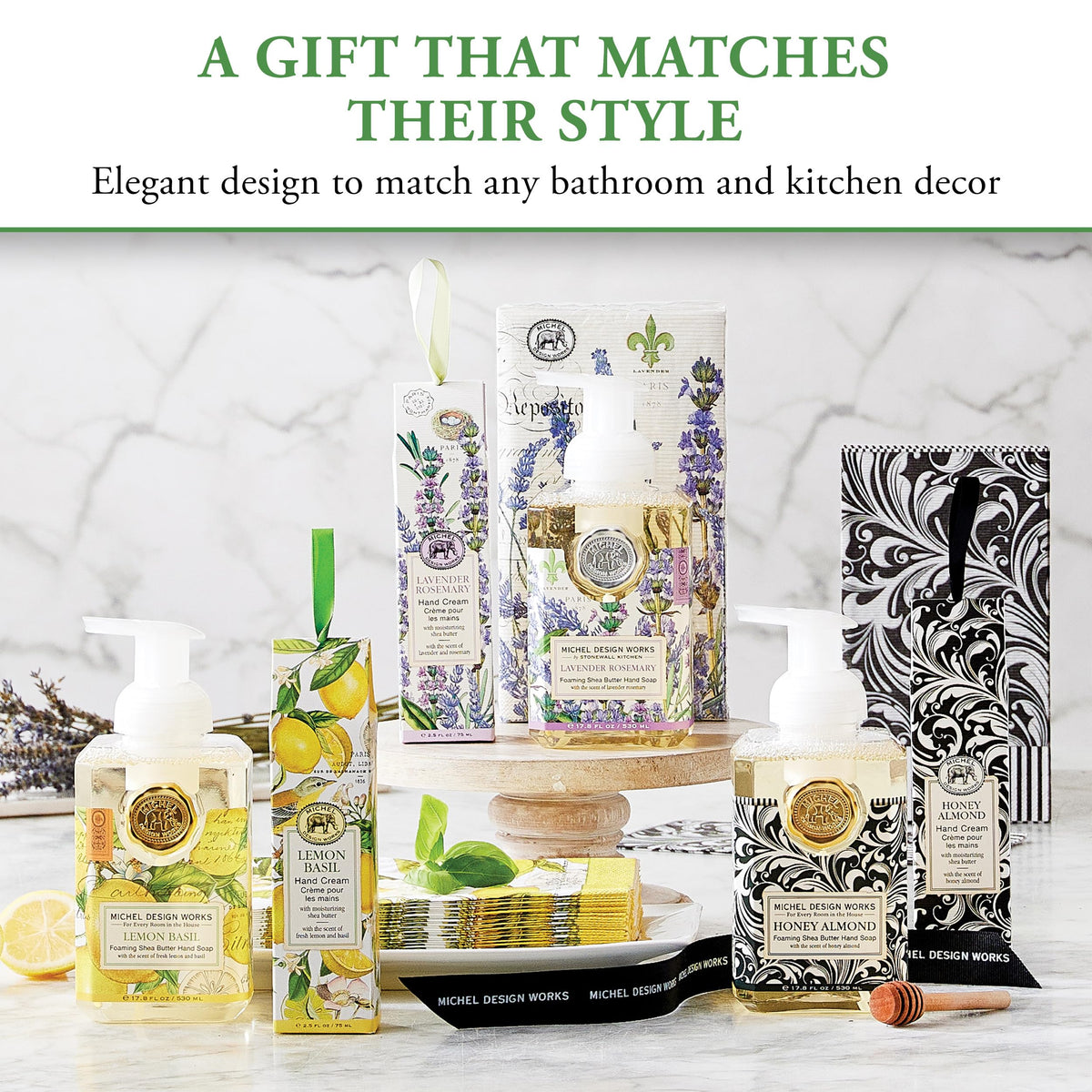 Michel Design Works ingredient icons showing shea butter and aloe, moisturizing support