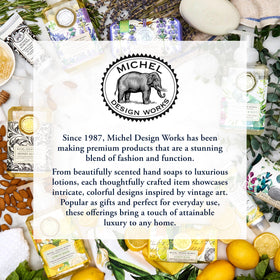 Michel Design Works ingredients list graphic emphasizing shea butter and aloe vera for gentleness