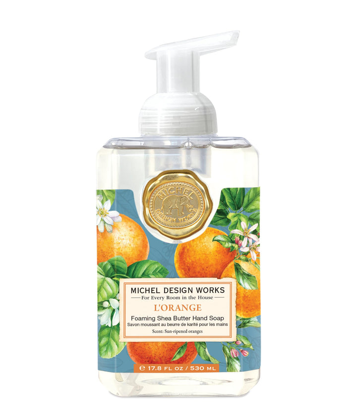 Michel Design Works L'Orange foaming hand soap on sink bright citrus scent and moisturizing benefits