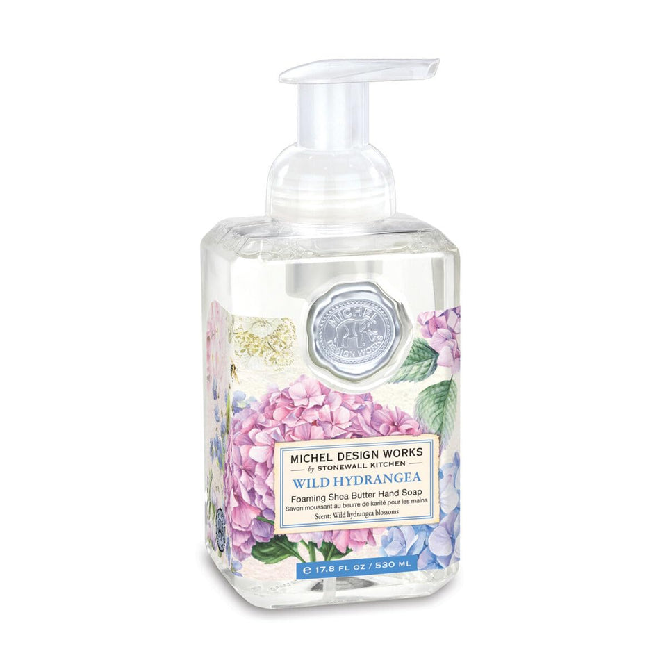 Michel Design Works front view of decorative square foaming soap dispenser showing elegant medallion and label benefit: stylish counter appeal