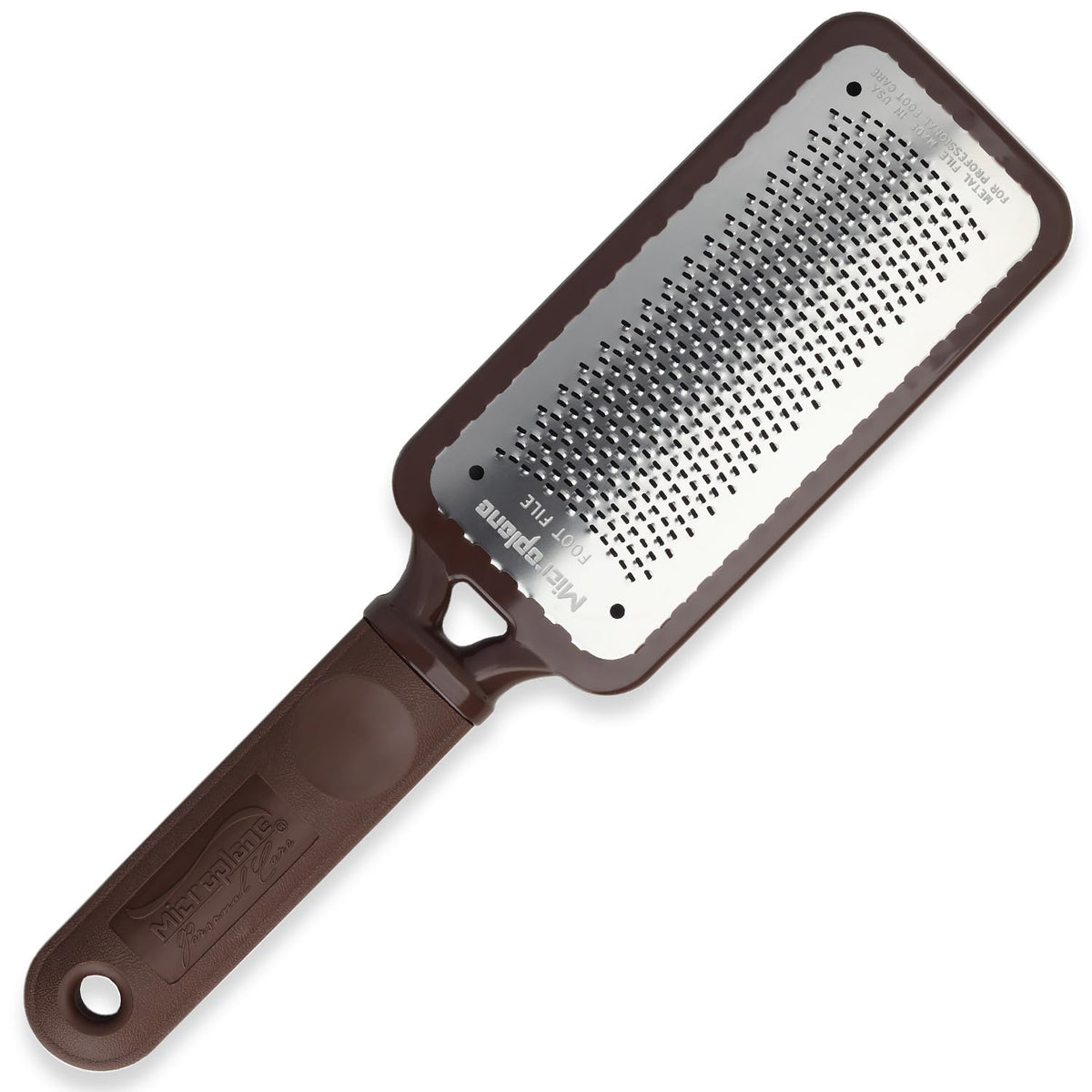 Microplane front view showing brown handle and large stainless-steel rasp for fast smoothing