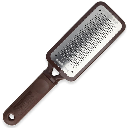 Microplane front view showing brown handle and large stainless-steel rasp for fast smoothing