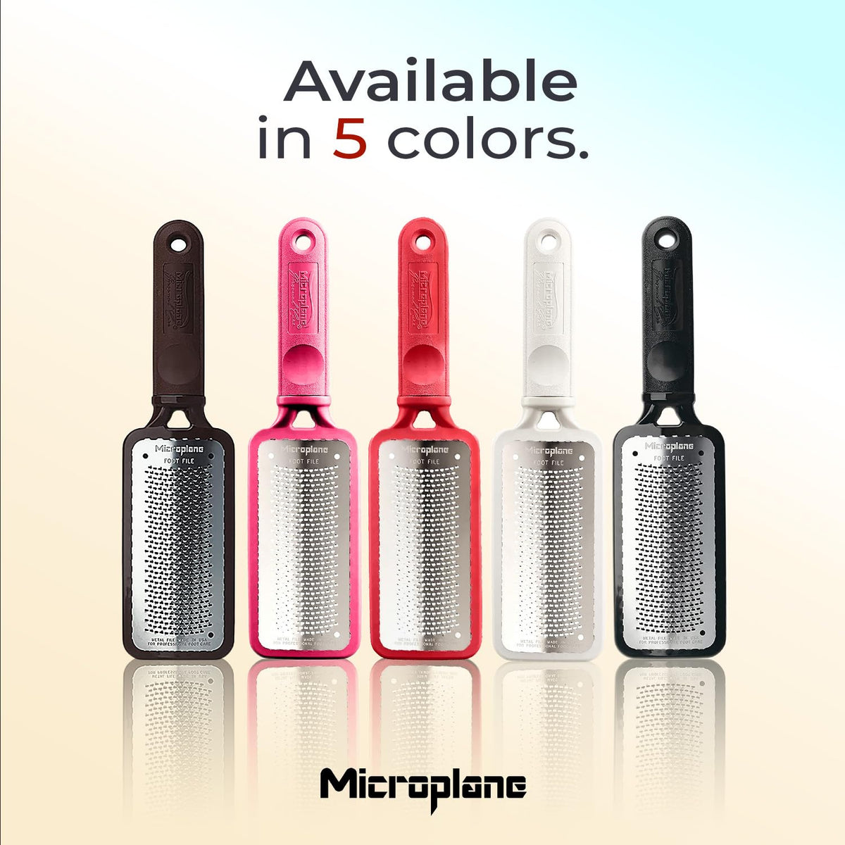 Microplane in bathroom lifestyle scene suggesting at-home salon-quality foot care