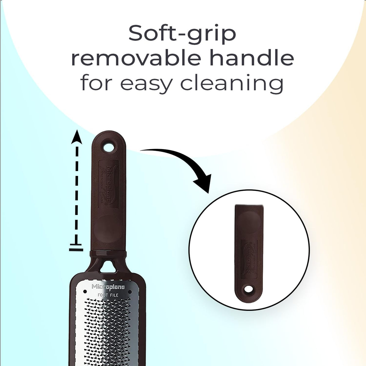 Microplane separated for sanitization showing removable handle for easy cleaning
