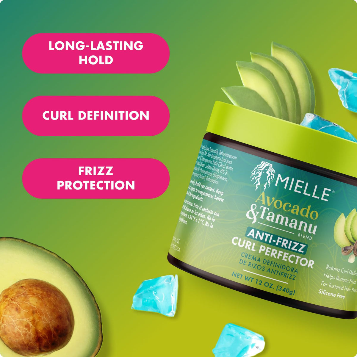 Mielle Organics 12oz jar next to hand showing true product size and scale