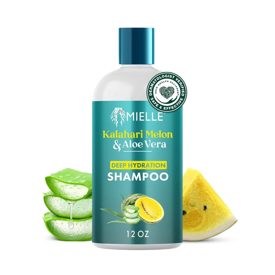 Mielle Organics front packaging showing bottle and benefits for hydration