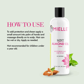 Mielle Organics mint almond oil label closeup highlighting ingredients and brand