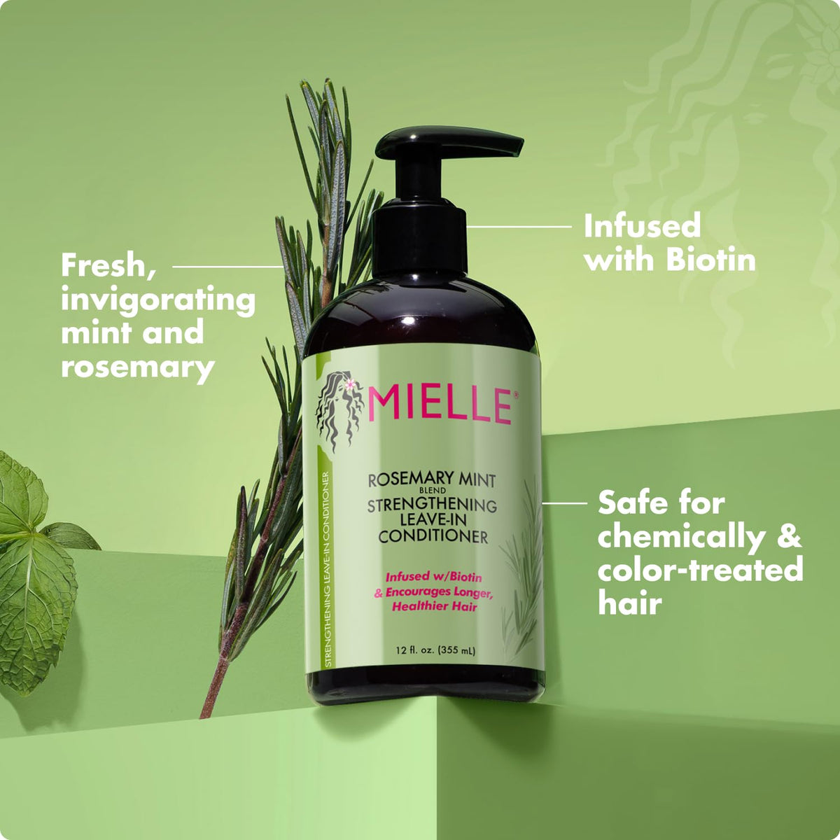 Mielle Organics 12 oz bottle next to a common water bottle for scale