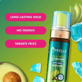 Close-up of mousse texture with avocado and tamanu oil droplets for moisture
