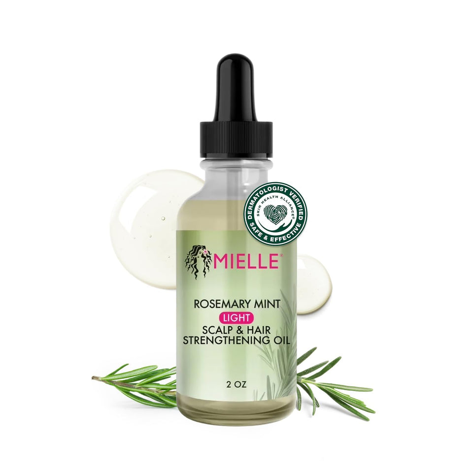 Mielle Organics bottle front view showing label and 2 oz size, highlights lightweight formula